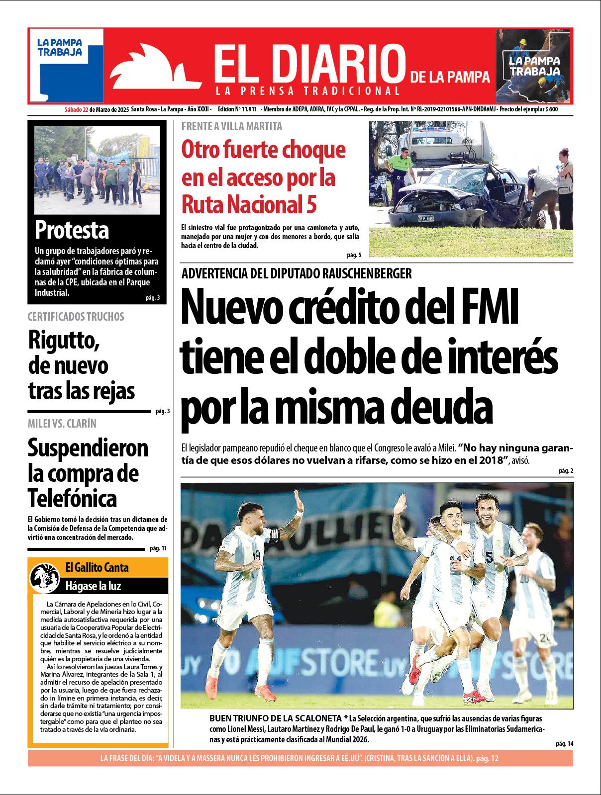 Tapa de El Diario en papel  saacutebado 22 de marzo de 2025